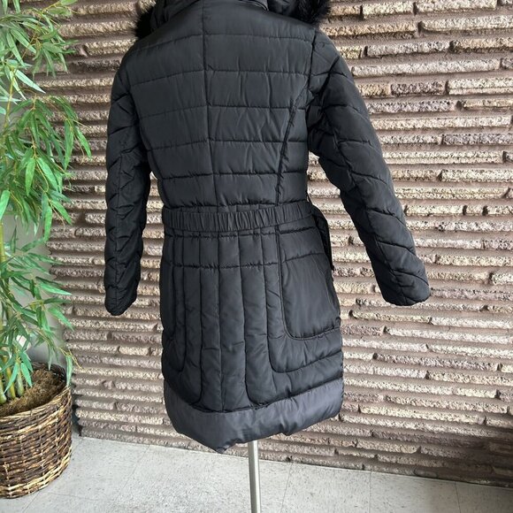Guess Black Midweight Belted Puffer Jacket With Removable Fur Trim Size M - Picture 8 of 14